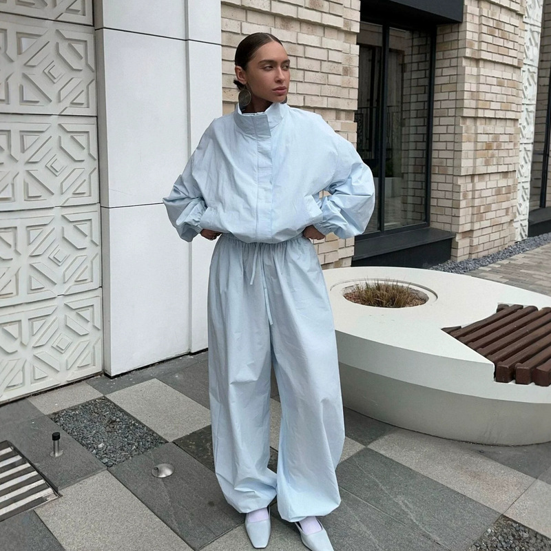 Casual style cross-border women's clothing nylon solid color waterproof fashion zip-up jacket with fold-over collar and elastic waist straight-leg pants set Casual style cross-border women's clothing nylon solid color waterproof fashion zip-up jacket with fold-over collar and elastic waist straight-leg pants set