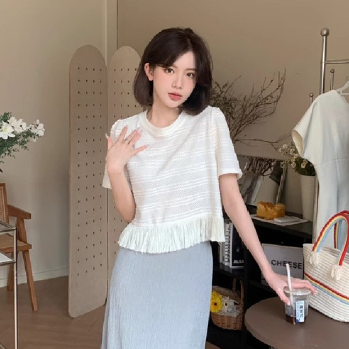 Summer Korean Style Fashion Texture Knit Solid Color Fringe Edge Short Sleeve Top for Women