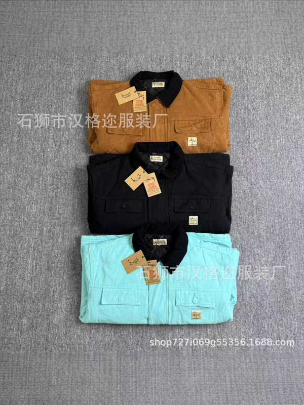 新款斯图重磅复古重工工装水洗加厚款翻领棉服夹克外套宽松|undefined