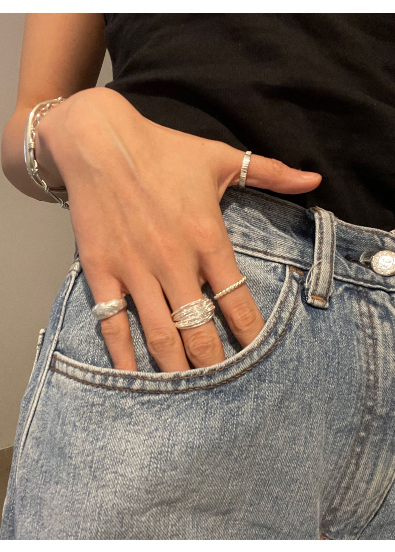 Collezione completa in argento Sterling martellato fatto a mano, design di nicchia, stile versatile, unisex._voghion.com