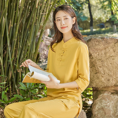 Cotton and Linen Yoga Set Zen Meditation Clothing TCM Woman Monastic Clothes Tai Chi Clothes Tea Drinking Clothes Qigong and Seated Meditation, One Piece Shipping
