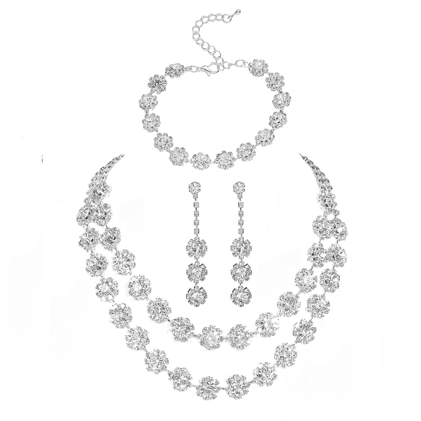 hot selling fashion sparkling rhinestone necklace earrings bracelet set Luxury temperament necklace earrings 3 piece set_senzul.com