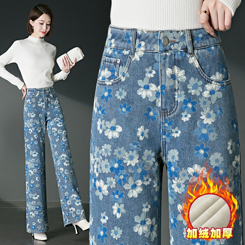 Real Shot of Velvet Denim Straight Pants for Women in Autumn and Winter, High-Waisted, Slimming Look, Printed, Loose and Drapedy, Warm Pants for Middle-Aged Mothers