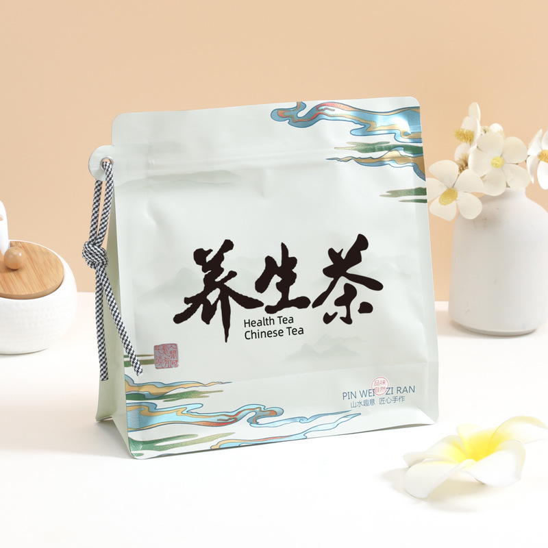 Health-Preserving Tea Packaging Custom Bag Coffee Bean Air Valve Bag Sealed Tea Repackaging Bag Aluminum Foil Eight-Sided Sealing Self-Standing