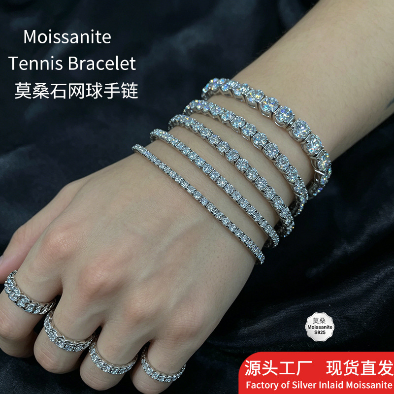Cross-Border Hot-Selling Single-Row Moissanite Tennis Bracelet, Light Luxury and High-End Hip-Hop Style, S925 Sterling Silver Tennis Bracelet