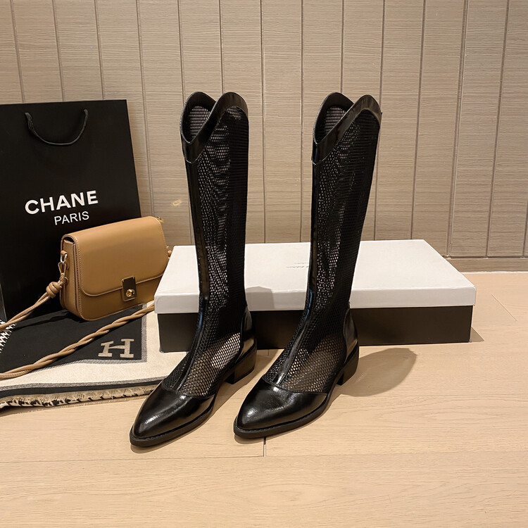Boot nữ cổ cao da thật đế thô gót vuông ống lưới rỗng dây kéo sau — Màu nâu ống lớn, Ống nhỏ màu đen, Ống nhỏ màu nâu, Ống nhỏ màu trắng Be chi tiết 16