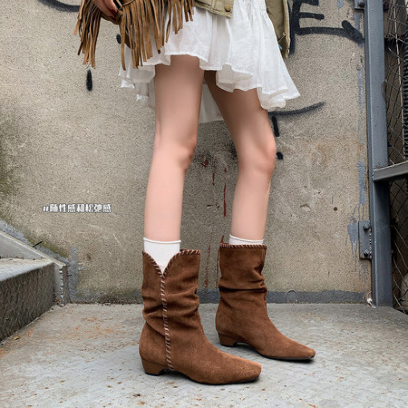 2025巨好看的靴子气质方头中粗跟美拉德百搭堆堆靴棕色短靴女|undefined