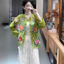 真丝桑蚕丝花卉刺绣欧根纱上衣2023年夏季国风宽松中式盘扣外套女
