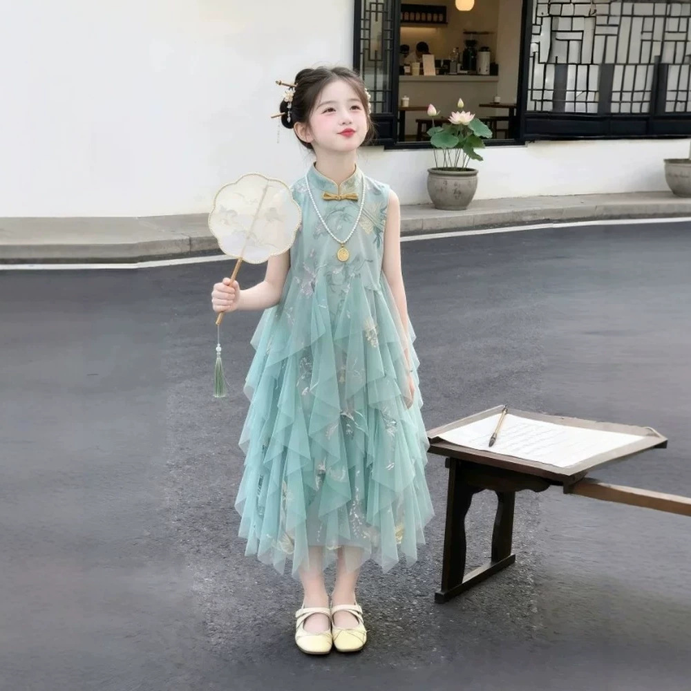 New Chinese style mesh dress for girls, sleeveless princess dress, stylish children's summer long dress
