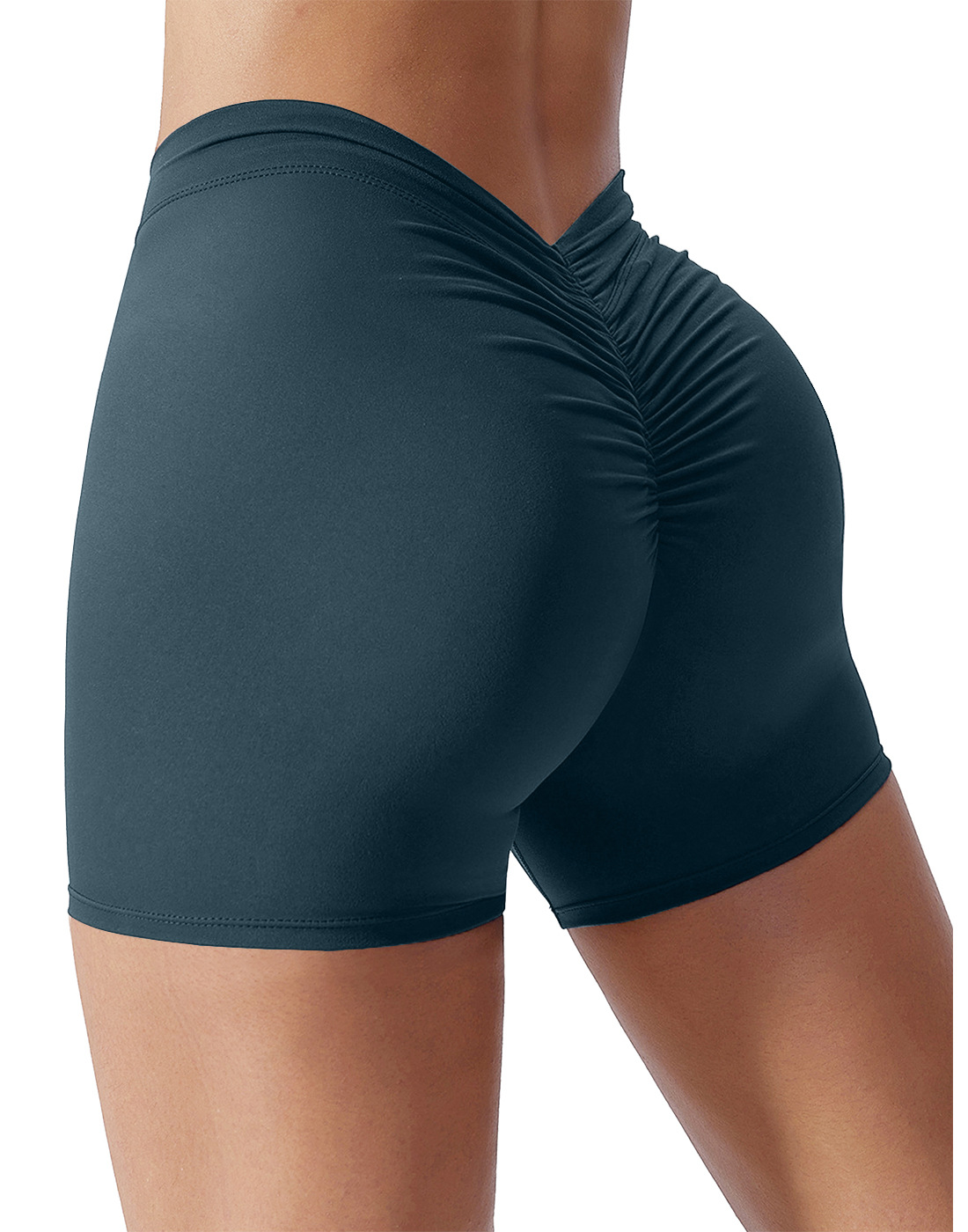 Color sólido cintura espalda V arrugas cadera elevación desnuda pantalones de tres puntos pantalones de yoga elásticos transpirables pantalones cortos de fitness de secado rápido para mujeres