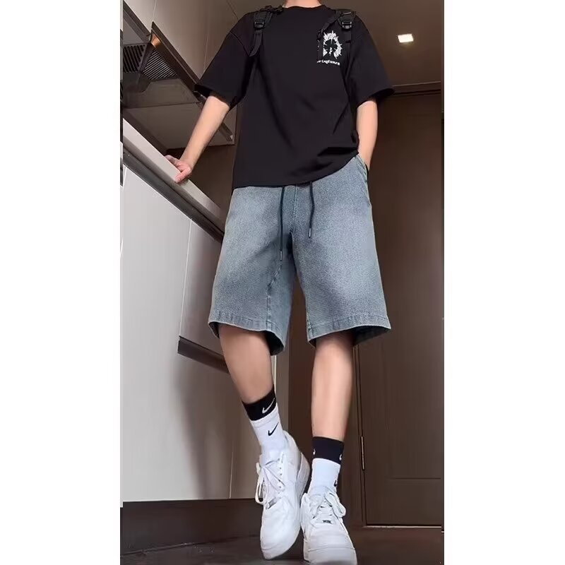 Pantalones cortos de mezclilla con patrón de cielo estrellado Casual 2024 Verano Nuevo estilo Marca de moda Pantalones de calle Pantalones vaqueros de cinco puntos sueltos rectos