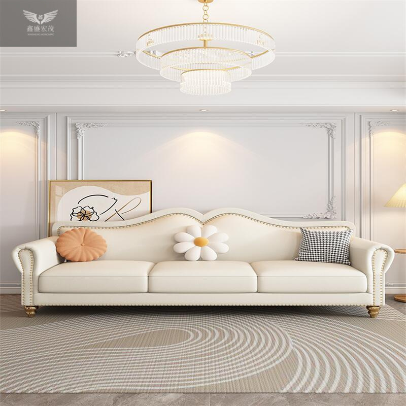 Sofá de cuero francés estilo crema villa de alta gama simple americana sala horizontal sofá de fila recta cabeza de cuero