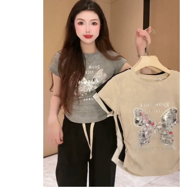 Camiseta de hombro de manga corta de mariposa con lentejuelas para mujer 2024 verano nuevo estilo moda casual pliegues cintura delgada para mujer image 7