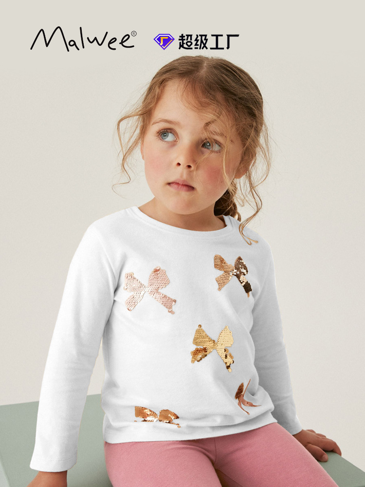 Camiseta de niña malwee otoño nuevo estilo europeo y americano niño pequeño y mediano estilo occidental niña cuello redondo camisa de manga larga