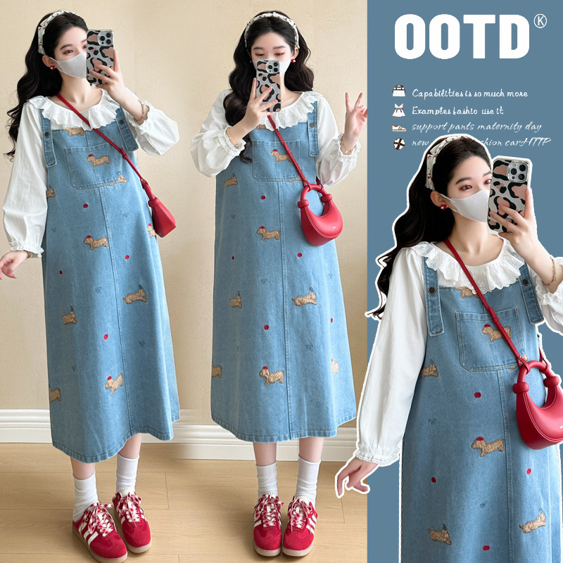 Maternity Denim Suspender Skirt Shirt Set for Women 2026 Spring and Autumn New Style Plus Size Cute Suspender Skirt