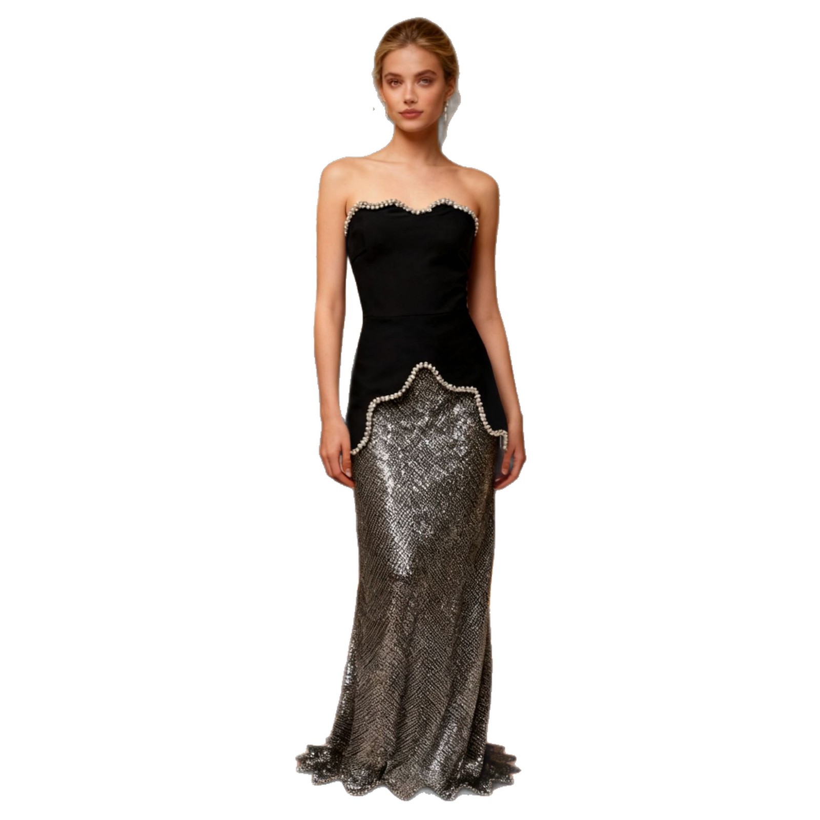 Elegant French-Inspired Sequin & Beaded Dress Set – Strapless Top & Glitter Skirt (Black, S-XL)_voghion.com