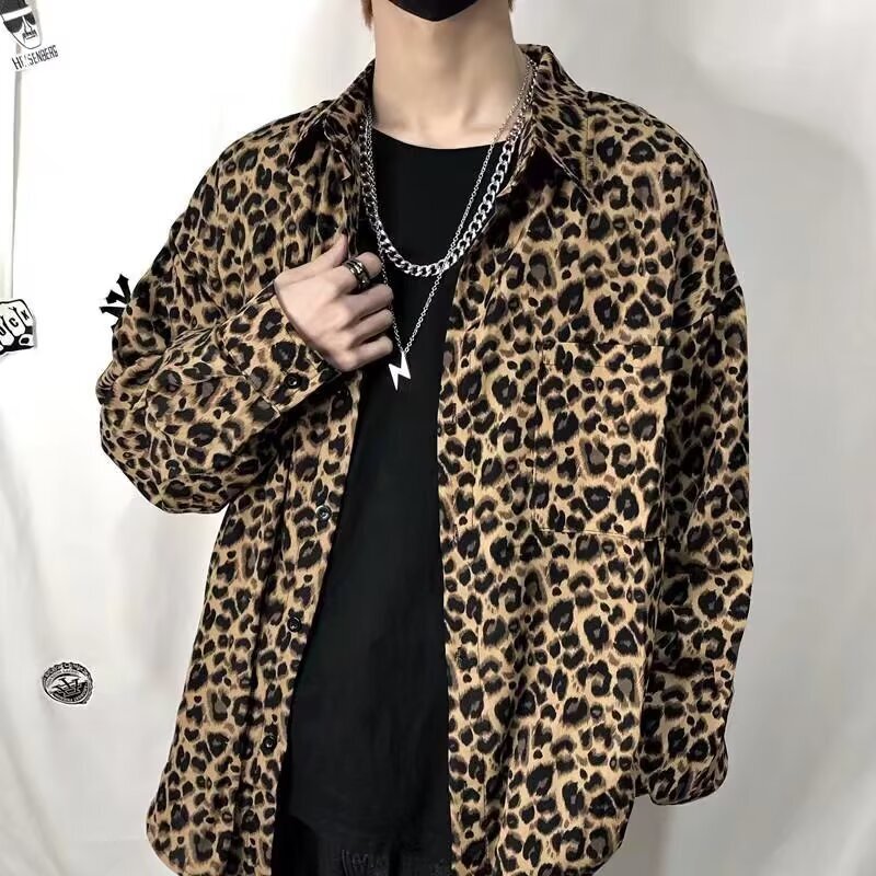Trendy Brand Shirt Boys Summer Thin Vintage Casual Printing Leopard Print Men's Handsome Vacation Youth Fashion Non-ironing