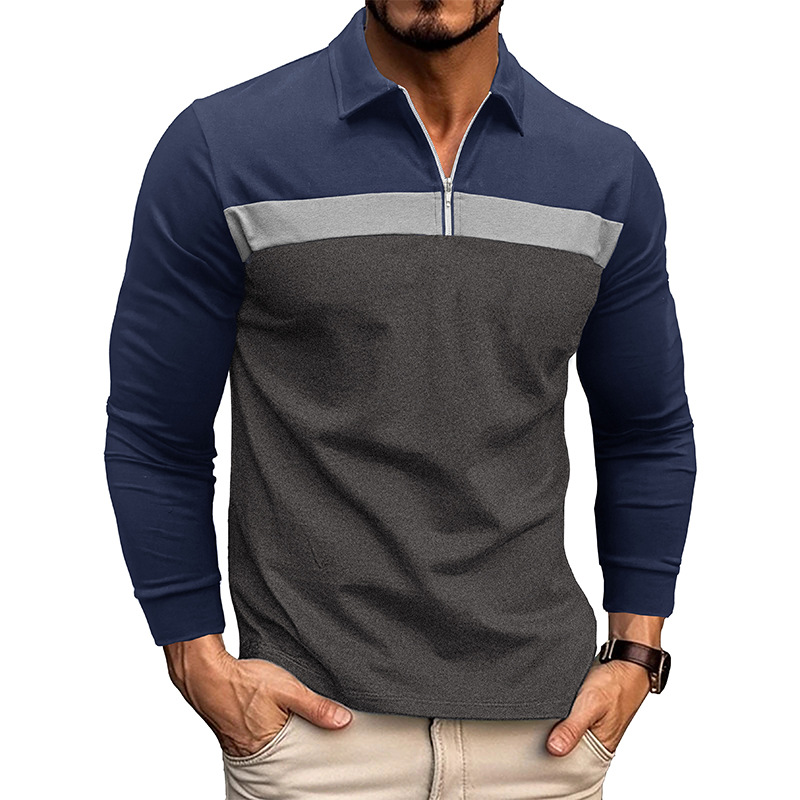 Nueva camisa de polo de costura de solapa Comercio exterior Camiseta de manga larga para hombre 2023 Otoño e Invierno