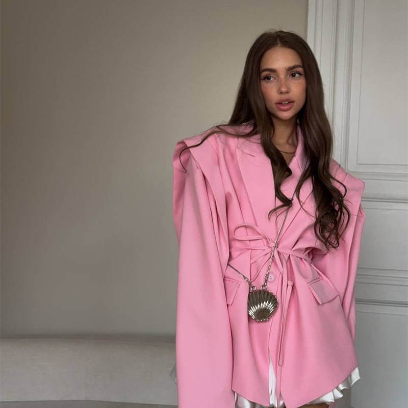 Cross-Border Aliexpress 2025 New Style Elegant Commuter V-Neck Tie Shoulder Pad Long-Sleeve Blazer Women's Jacket Autumn and Winter