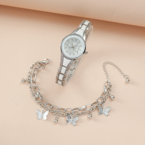 新款女表套装 简约复古小众四叶草女士腕表+小众蝴蝶手链套装