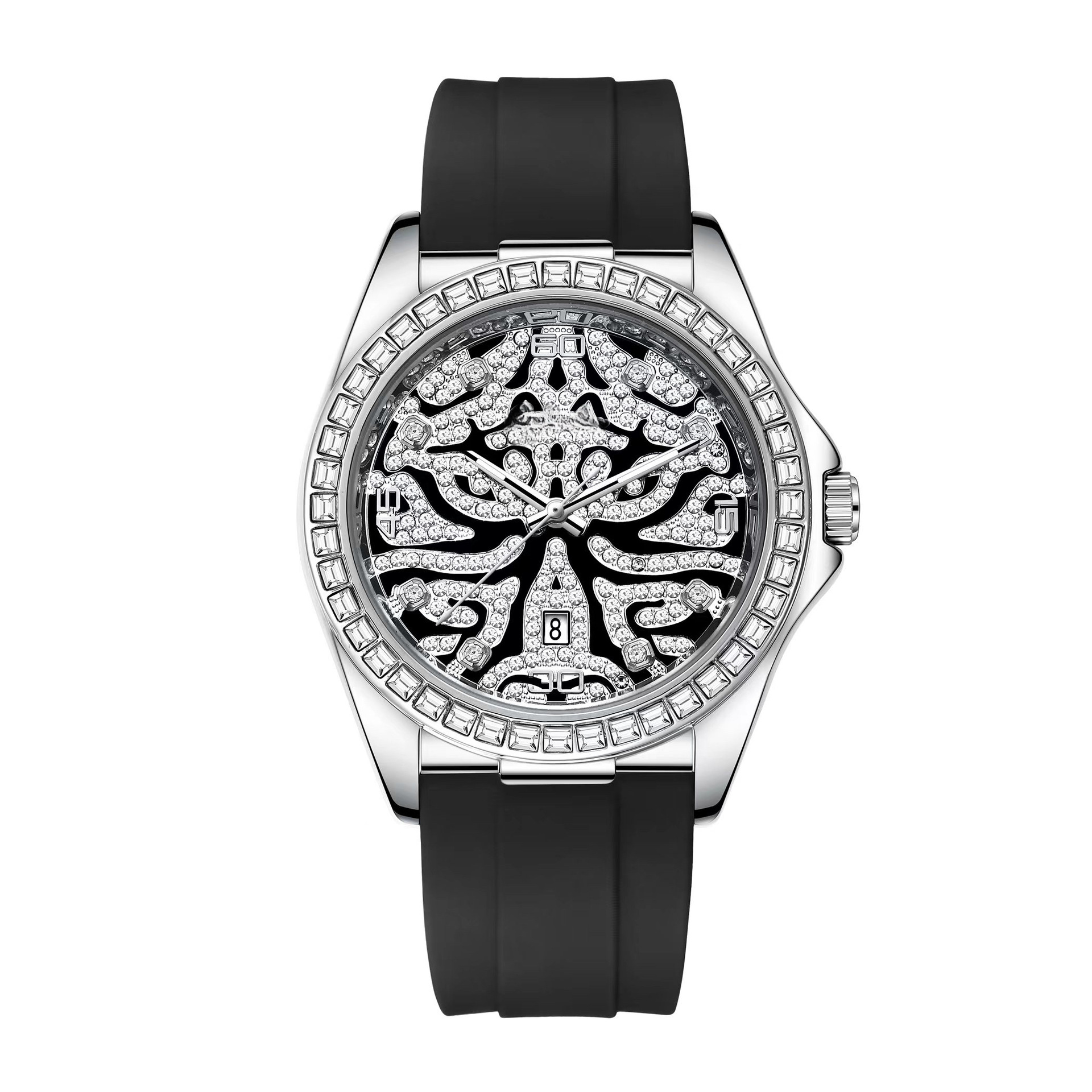 Đồng hồ nam tự động skeleton lộ máy đính đá pha lê chống nước dây thép không gỉ
