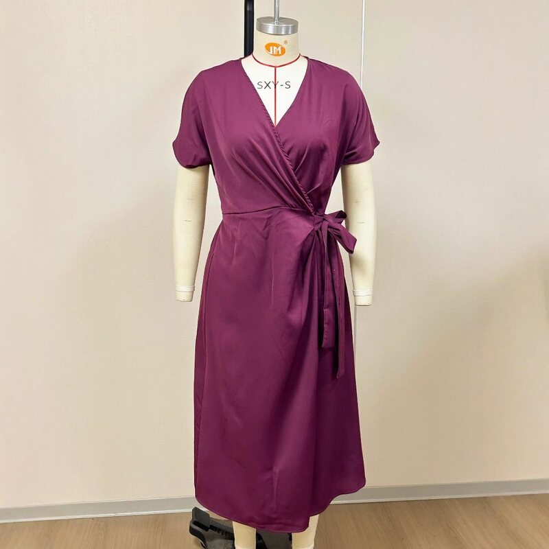 2025 Summer New Dress Amazon Commuting Fashion Satin Slit Women's Solid Color Wrap Tie Dress