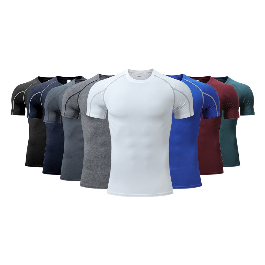 Ropa deportiva para hombre, ropa deportiva de verano para correr, ropa de entrenamiento deportivo, camiseta ajustada de manga corta, ropa de secado rápido transfronteriza europea y americana para moldear el cuerpo