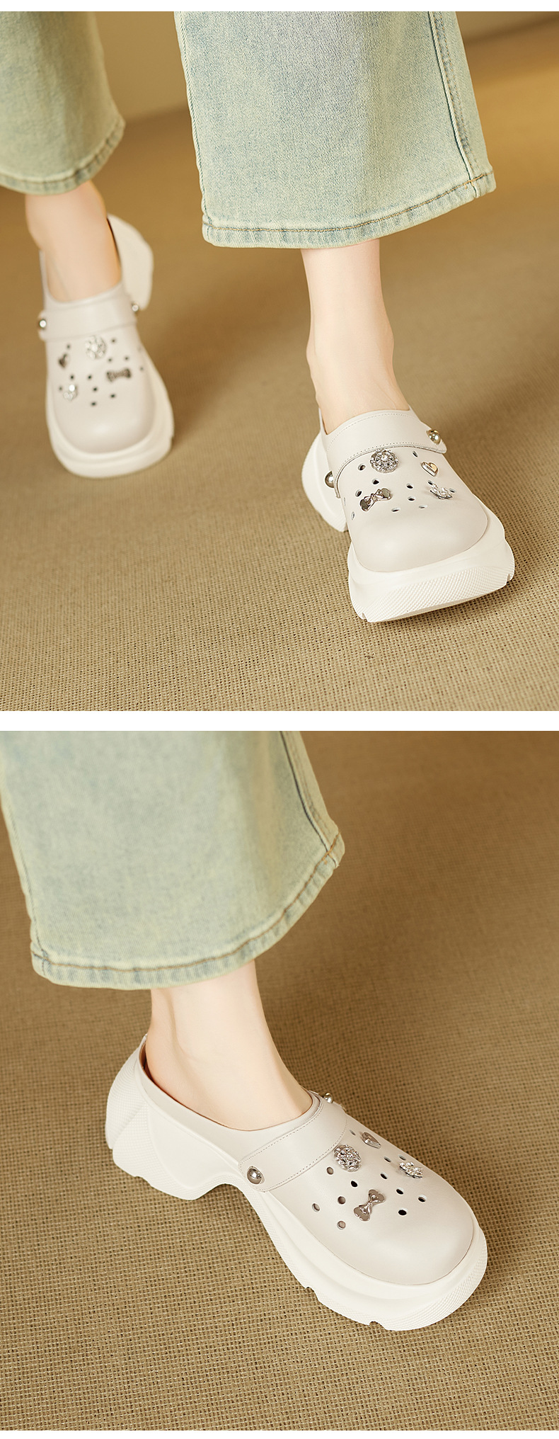 Dép lê nữ mũi nhọn da bò đế dày gót cao 9 cm — màu trắng ngà chi tiết 8