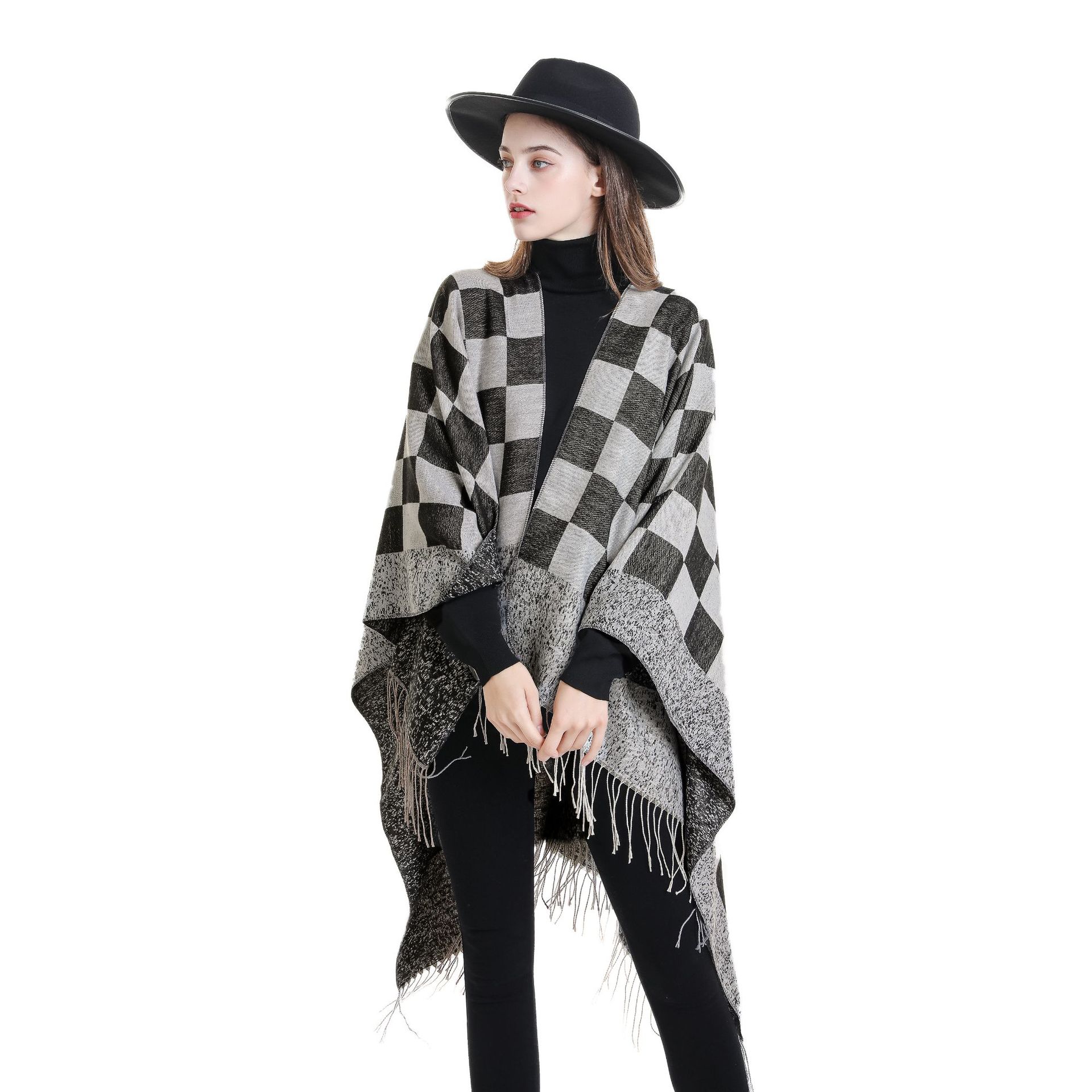 Chal de nuevo estilo 2024 para mujer, prenda exterior cálida para otoño e invierno, ideal para sesiones de fotos, chal sencillo a cuadros con borlas a la moda.