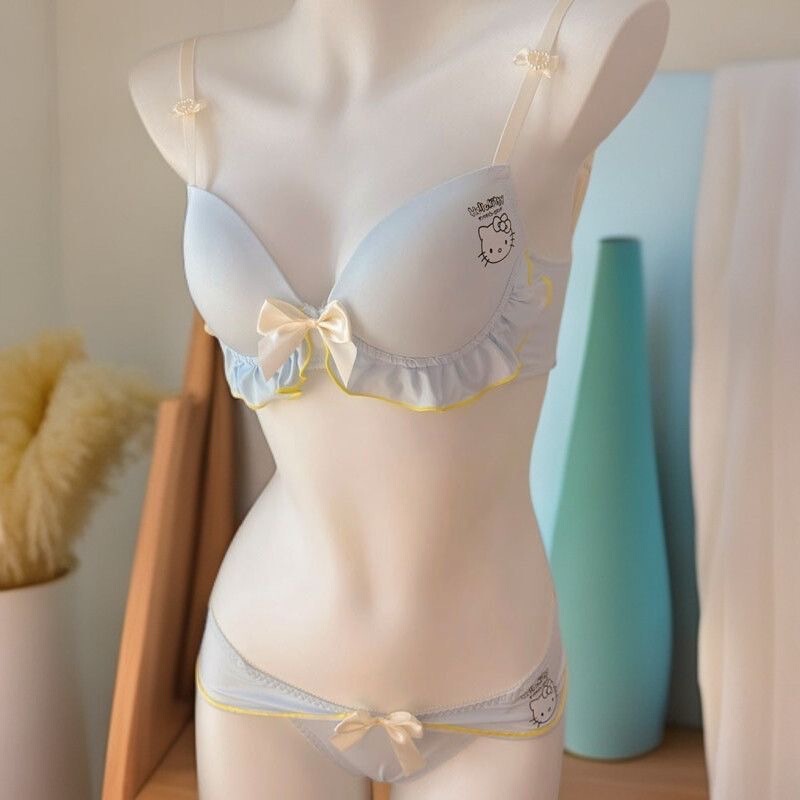 Japanese-Style Hello Kitty Print Underwear, Wireless, Comfortable, Cute, Sweet, Thin, Breathable Bra Set for Students