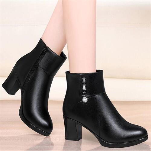 Women's Fall/Winter Wool Lined Ankle Boots with Medium Heel and Soft Sole Soft Leather Shoes