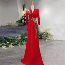 主持人晚礼服女高级感钢琴演奏合唱演出服红色长袖声乐艺考连衣裙