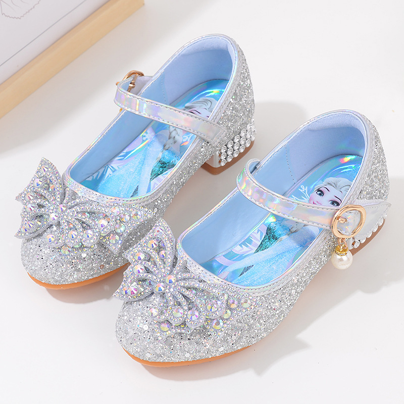 Little girl Aisha princess shoes rhinestone student dance performance dress shoes children's high heel silver white girls' leather shoes