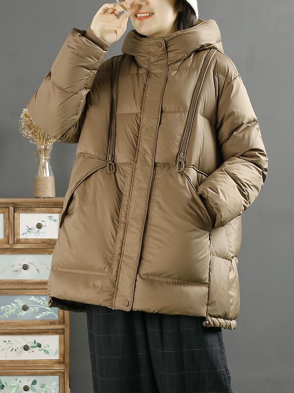 2025 New Winter Pure Color Hooded Thickeneded down Jacket Loose and Versatile Warm White Duck down Jacket Red Coffee Color