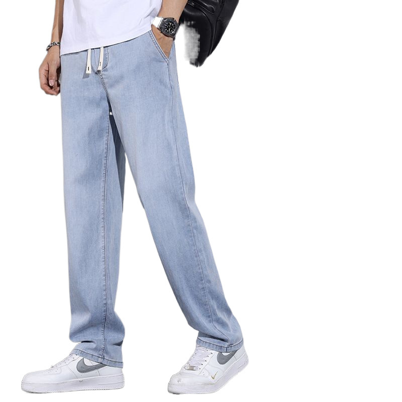 Tencel Lyocell Jeans Men's Spring and Summer Thin Straight Loose Comfortable Business Elastoelastic Waist Casual Trousers