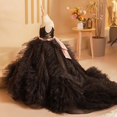Children's Black High-end Heavy Work Tulle Train Dress for 6th International Children's Day, Child Fashion Show Host, Stylish Piano Performance Costume