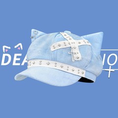 日系y2k原创蓝色猫耳朵亚文化贝雷帽子女二次元宅系甜酷八角帽潮