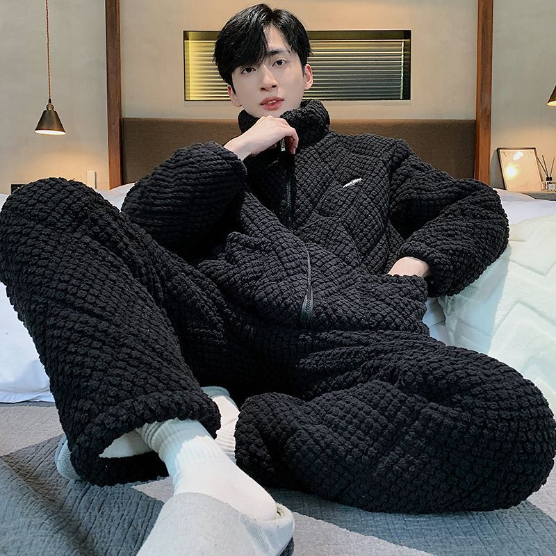 Coral Velvet Winter Men's Pajamas Thickeneded Winter Quilted Can Be Worn Outside Flannel Three-Layer Fleece-Lined Home Clothes Set