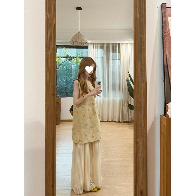 套装女2025夏季新款法式气质蝴蝶结无袖背心连衣裙高腰百褶半身裙|undefined
