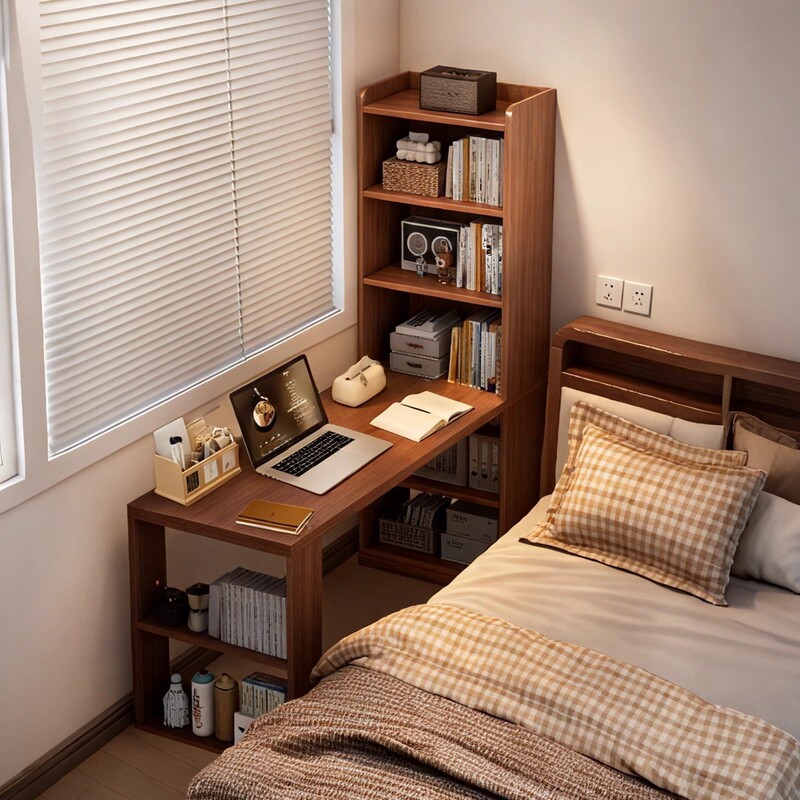 Solid Wood Desk and Bookcase Integrated Wall-Mounted Small Apartment Study Table Computer Table Workbench Bedroom Bedside Table