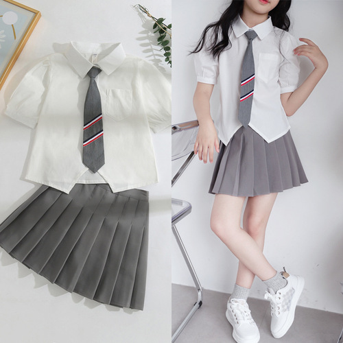 JK uniform shirt top for girls, short-sleeve original summer college style bubble sleeve white blouse with pleated skirt set
