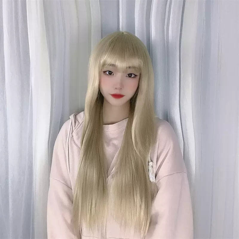 厂家批发日系软妹子假发女长直发米白色修脸蓬松逼真化纤假发头套