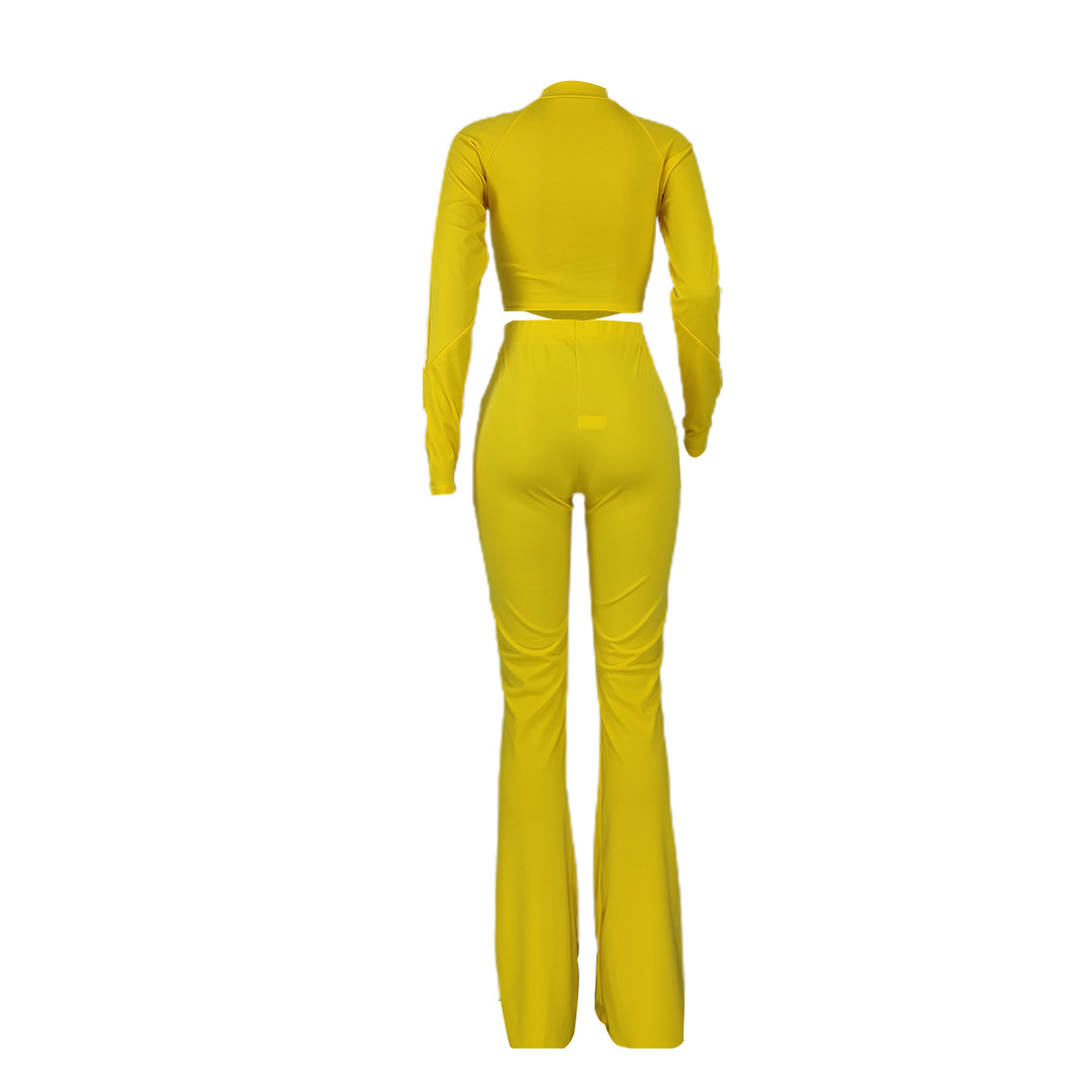 solid color round neck long sleeve tops and high waist micro-flare trousers suit NSGMT121764