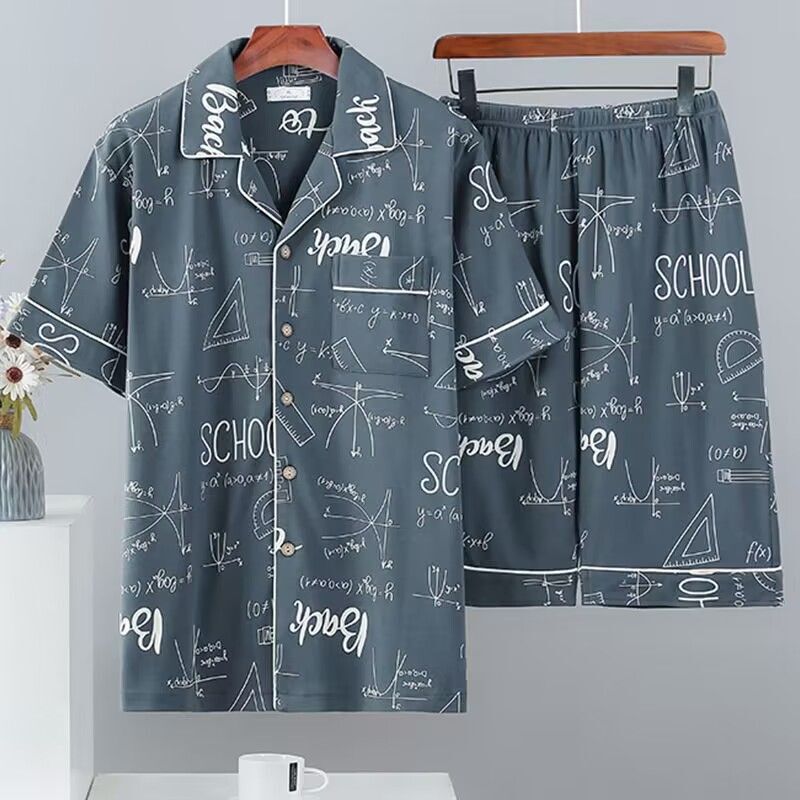 Summer men's pajamas 100% cotton short-sleeved plus size cardigan green middle-aged pajamas men's home wear summer suit