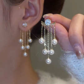 日韩轻奢珍珠两戴流苏银针耳环时尚气质设计感新款网红耳坠耳饰品