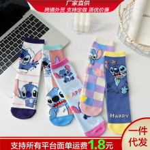 春夏款可爱卡通袜韩版外贸款袜子休闲女式袜子史迪仔动漫中筒袜子