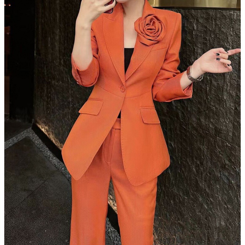 High-End Orange Women's Suit Set 2026 New Fashion Casual Professional Two-Piece Suit Jacket Slim Fit Elegant