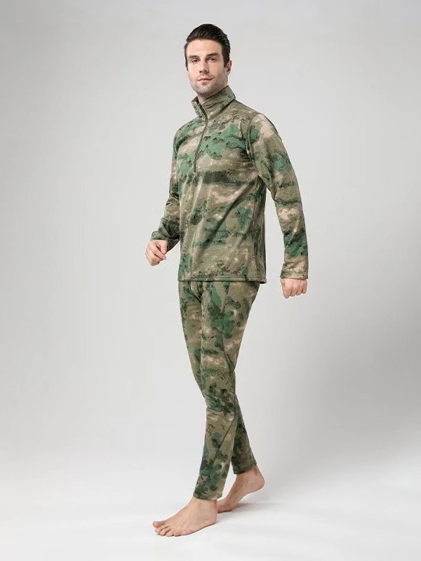 Hombre secado rápido camuflaje táctico calentamiento conjunto de ropa interior grueso pelusa al aire libre deportivo de collar cremallera a prueba de viento