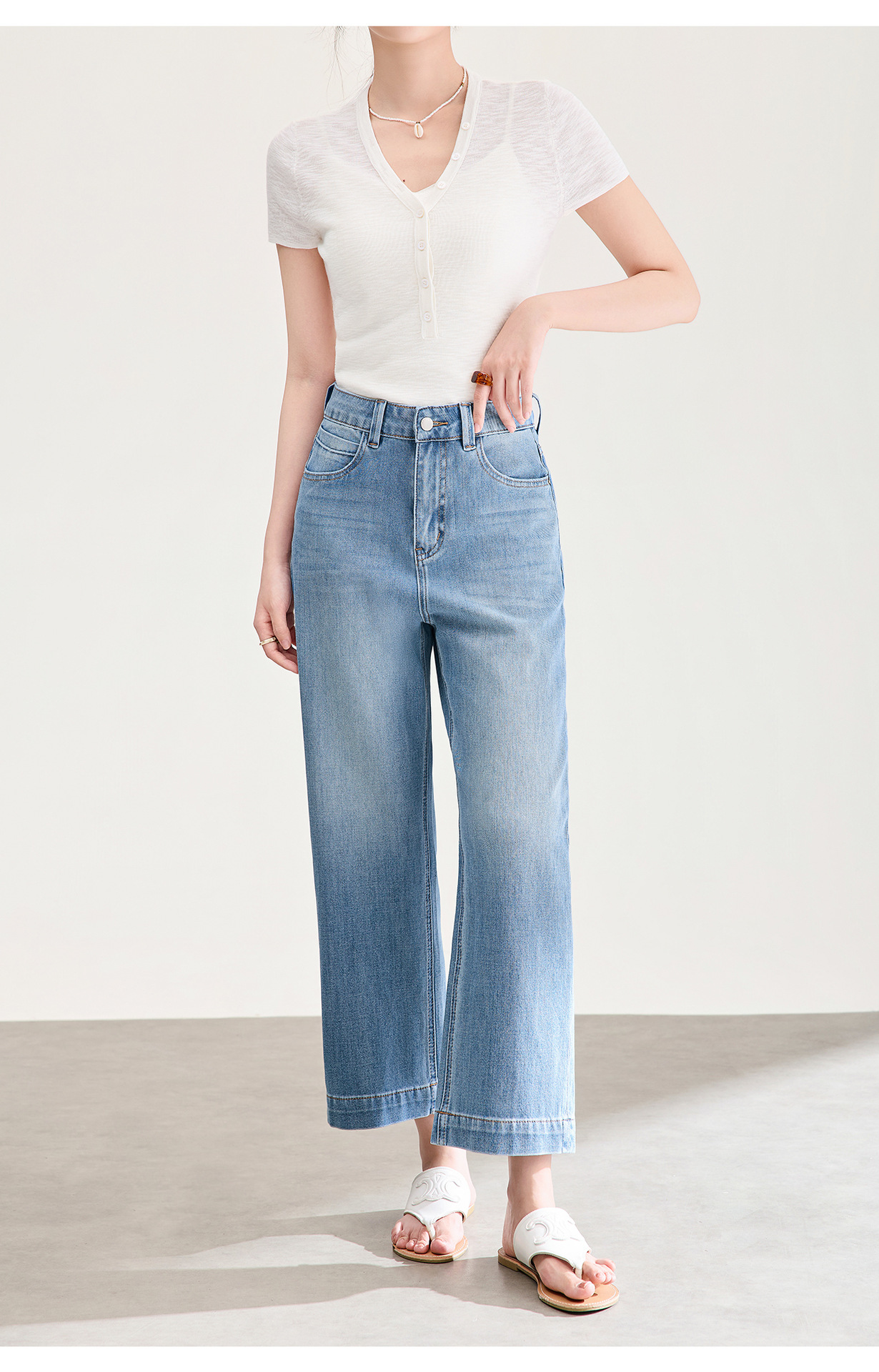 Quần jean nữ cạp cao ống rộng chất liệu cotton pha sợi co giãn mềm mại — xanh lam chi tiết 22