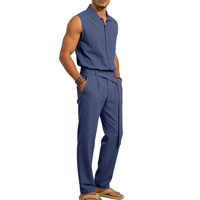 Men's Linen Blend Short Sleeve Shirt And Pants Set Breathable Casual Summer Outfit Comfortable Relaxed Fit_viptrois.com